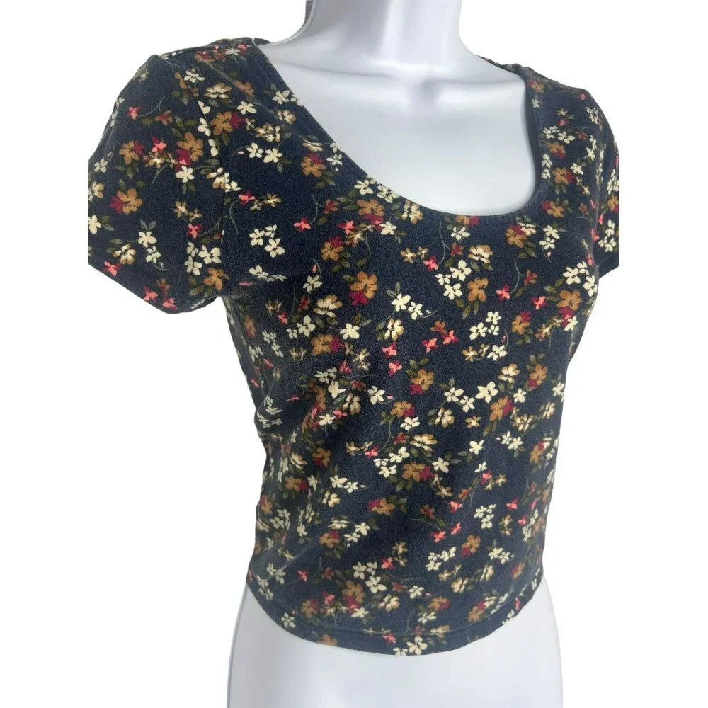 Prince and Fox Women’s Blue Floral Crop Top Tee Size L - Picture 2 of 6